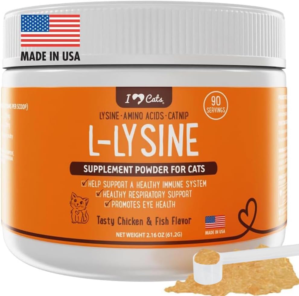 iHeartCats L-Lysine voor katten - Immune & Respiratory Supplement for Cats - Cat Sneezing & Runny Nose Relief - L-Lysine Powder with Cat Nip - Chicken & Salmon Flavor