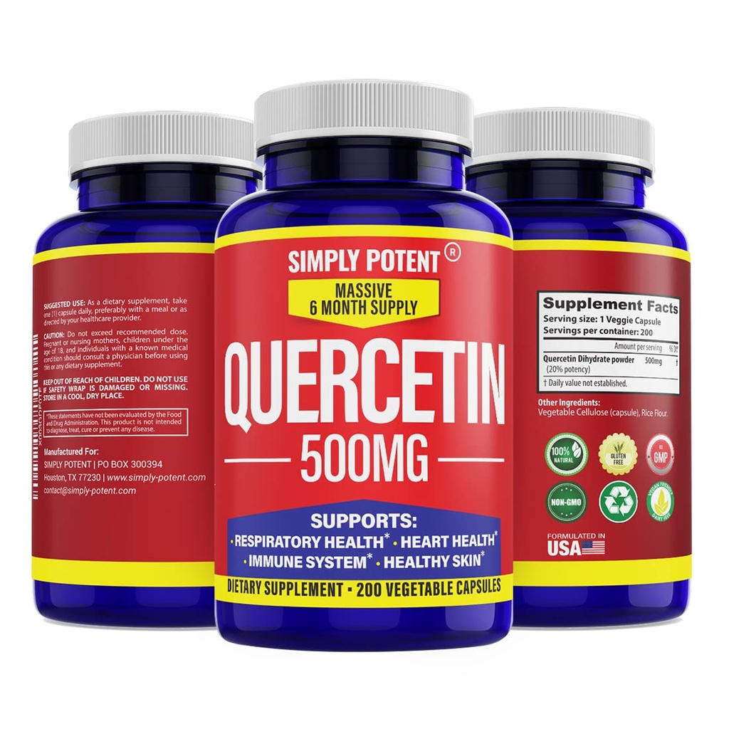 Gewoon krachtige quercetinesupplementen, quercetine 500 mg 200 capsules, 2 X quercetine 250 mg Phytosome Bioflavonoïde Antioxidant Vegan Glutenvrije pillen ter ondersteuning van gezonde Cellulaire Hart- en Immuunfuncties