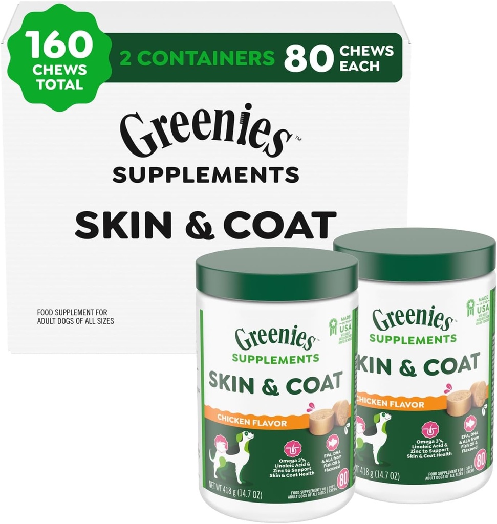 Greenies Supplementen Hondenhuid en Coat Supplementen met Visolie & Omega 3 vetzuren, Kip smaak, 80-Count Tub, Pack van 2