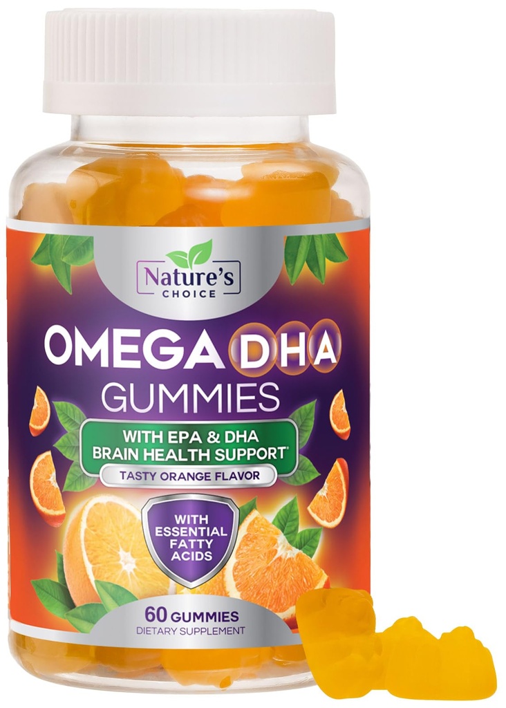 Omega 3 Fish Oil Gummies - Triple Strength Omega3 Gummy - DHA & EPA vetzuren voor de gezondheid van het hart, gezamenlijke & hersenen ondersteuning, Hoge Absorptie Omega Visolie Supplement, Oranje smaak- 60 Gummies