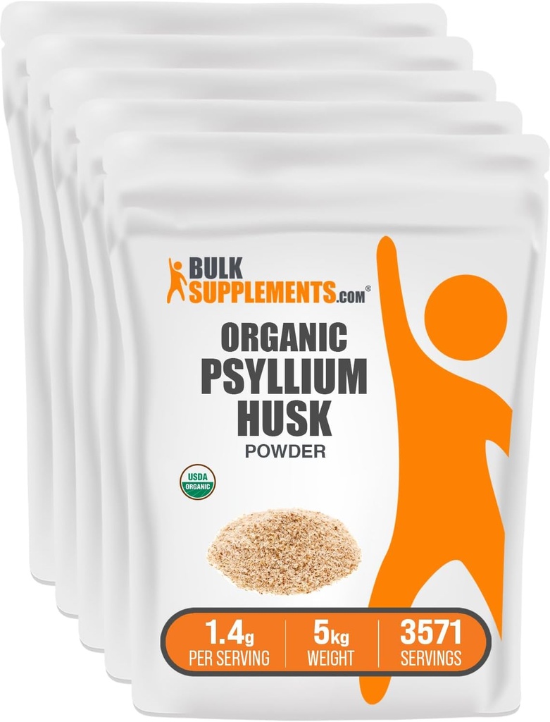 BulkSupplements.com Biologische Psyllium Husk Powder - Psyllium Husk Powder for Baking, Fiber Supplement - Glutenvrij, 1,4g per portie, 1kg (2,2 lbs) (pakket van 5)