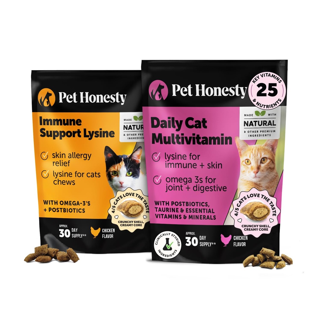 Cat Multivitaminen + Immuun ondersteuning Lysine Dual Texture Kauwsupplement Bundle - Ondersteunt algemene immuungezondheid, gewrichten, huid & jas, en Cat Allergie Relief - niezen, Runny Neus