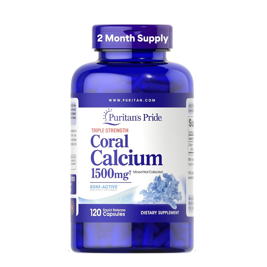 Puritan's Pride Triple Strength Coral Calcium 1500mg met Bone-ActiveTM, Dieetsupplement voor Hart-, Zenuw- en Spierondersteuning, 2 maand supply, 120 Rapid Release Capsules