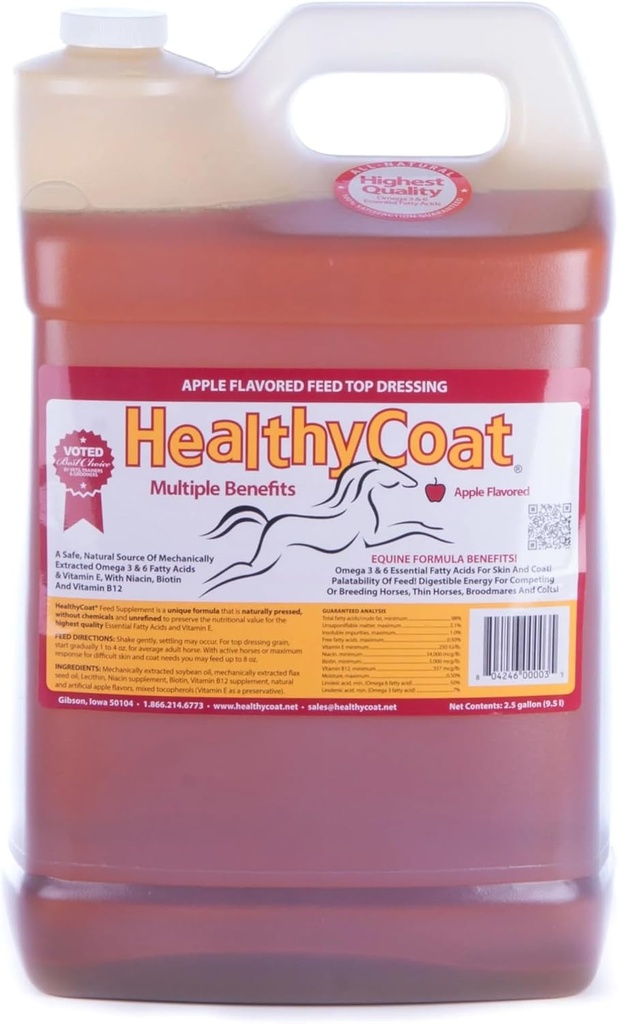 HealthyCoat Feed Supplement voor paarden: 2.5 Gallon. Huid, jas, lichaamsconditie, prestaties, allergieën, immuunsysteem, hoef, gewricht, Omega 3 & 6 vetzuren