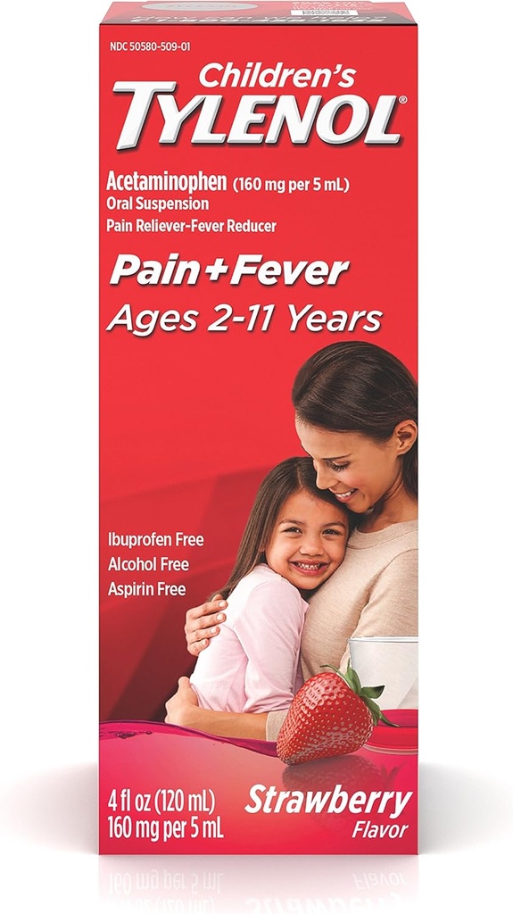 Tylenol pour enfants Suspension buvable en Tylenol, remède liquide pour enfants anti-douleur et réducteur de fièvre pour symptômes du rhume et de la grippe, Aspirine, Ibuprofène et sans alcool, Fraise, 4 fl. oz