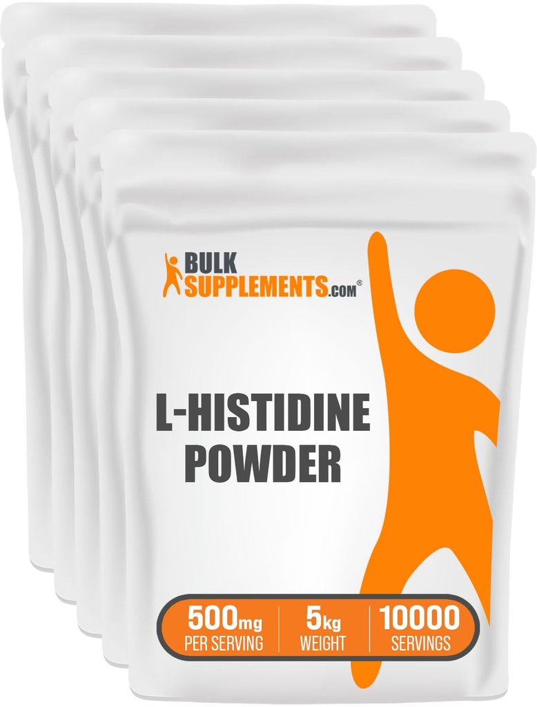 BulkSupplements.com Poudre de L-Histidine - comme base de L-Histidine, supplément d'histidine - Acides aminés essentiels et sans gluten, 500mg par portion, 5kg (11 lbs) (paquet de 5)
