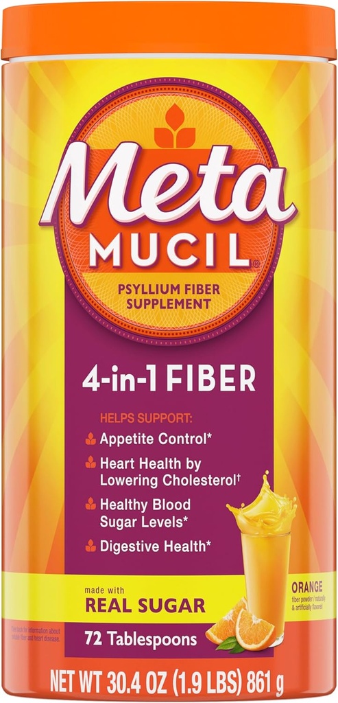 Metamucil 4-in-1 Psyllium Husk Fiber Supplement, Real Sugar, 72 eetlepels, Orange Flavored, Daily Fiber Powder for Digestief Gezondheid, gemaakt met plantaardige Psyllium Husk Fiber
