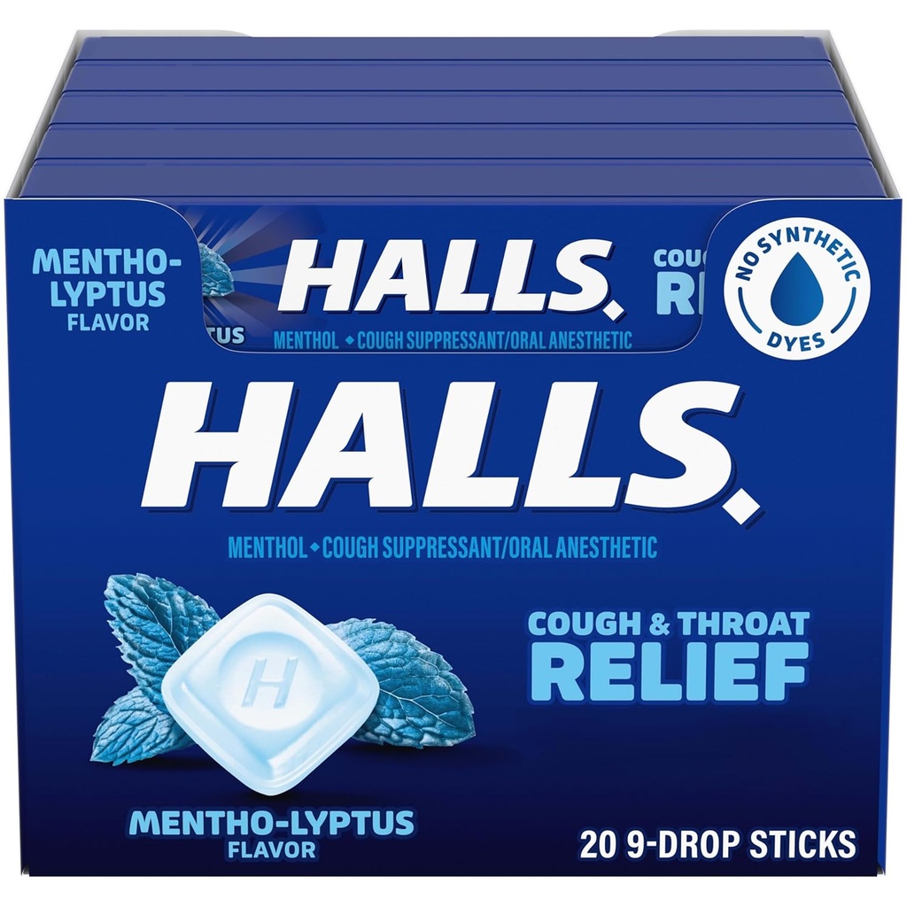 HALLS Hoest en Throat Relief Mentho-Lyptus Cough Drops, 20 Sticks van 9 (180 Total Drops)