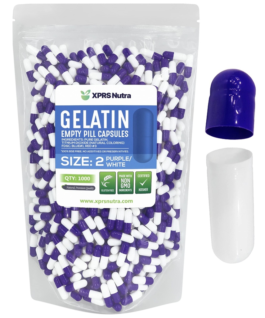 XPRS Nutra Size 2 Capsules vides - 1000 capsules de gélatine vides - Pills Bricolage Capsule Remplissage - Pure Pilule à Pilule pour Suppléments Do-It-Youlf (Purple/White)