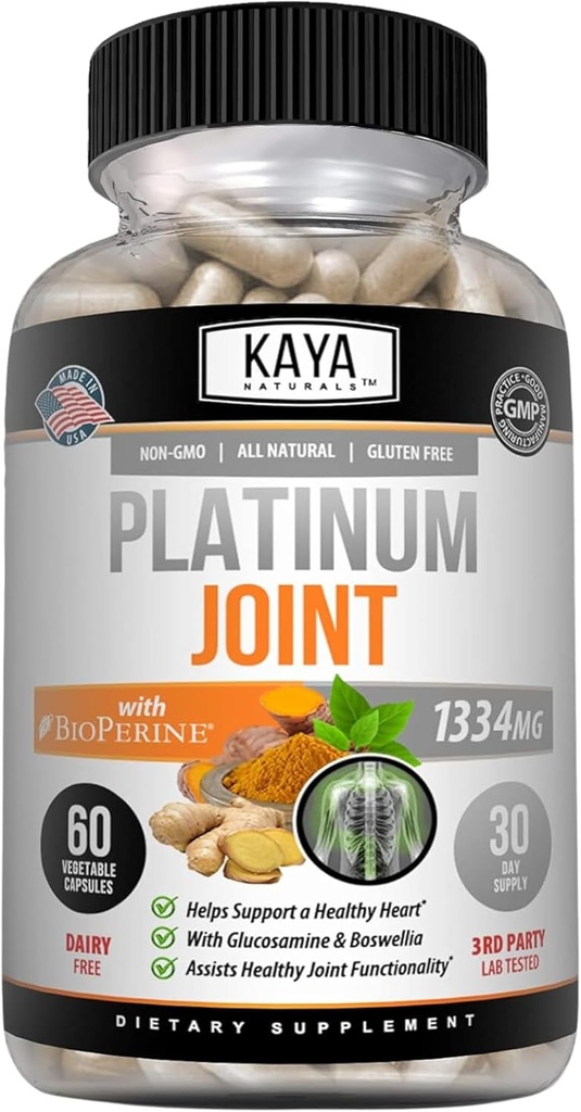 Kaya Naturals Platinum - Natuur gemaakt Bioperine, Glucosamine, Kurkuma met Boswellia, Gezond Antioxidant Eigenschappen, Kurkuma Curcumin 1334mg - 60 Capsules