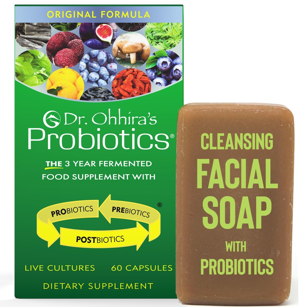 Dr. Ohhira Probiotics Formule originale 60 Capsules avec Bonus Beauty Bar Soap Taille de voyage 20g - Pas de supplément de réfrigération pour les femmes et les hommes, 13 souches probiotiques