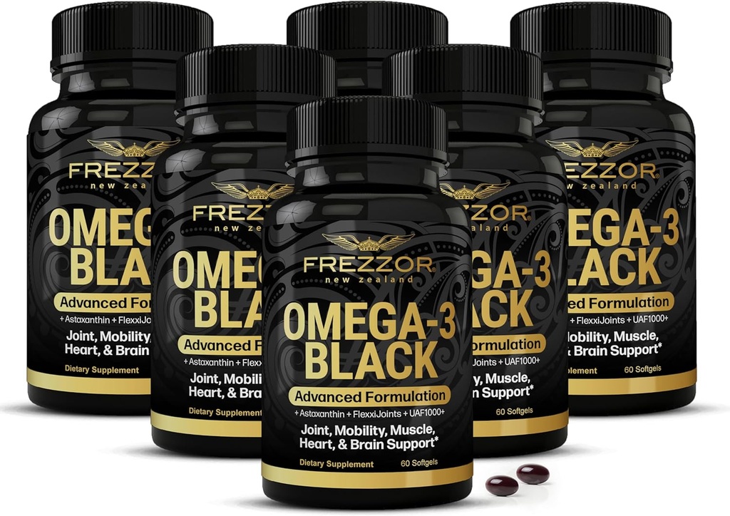 FREZZOR Omega 3 Black for Joint Care & Comfort - Nieuw-Zeeland Green Lipped Mussel Oil Capsules; 53x Hogere Potentie met UAF1000+ Super Antioxidant, No Fishy Aftersmaak, 450mg, 6-Pack, 360 Softgels