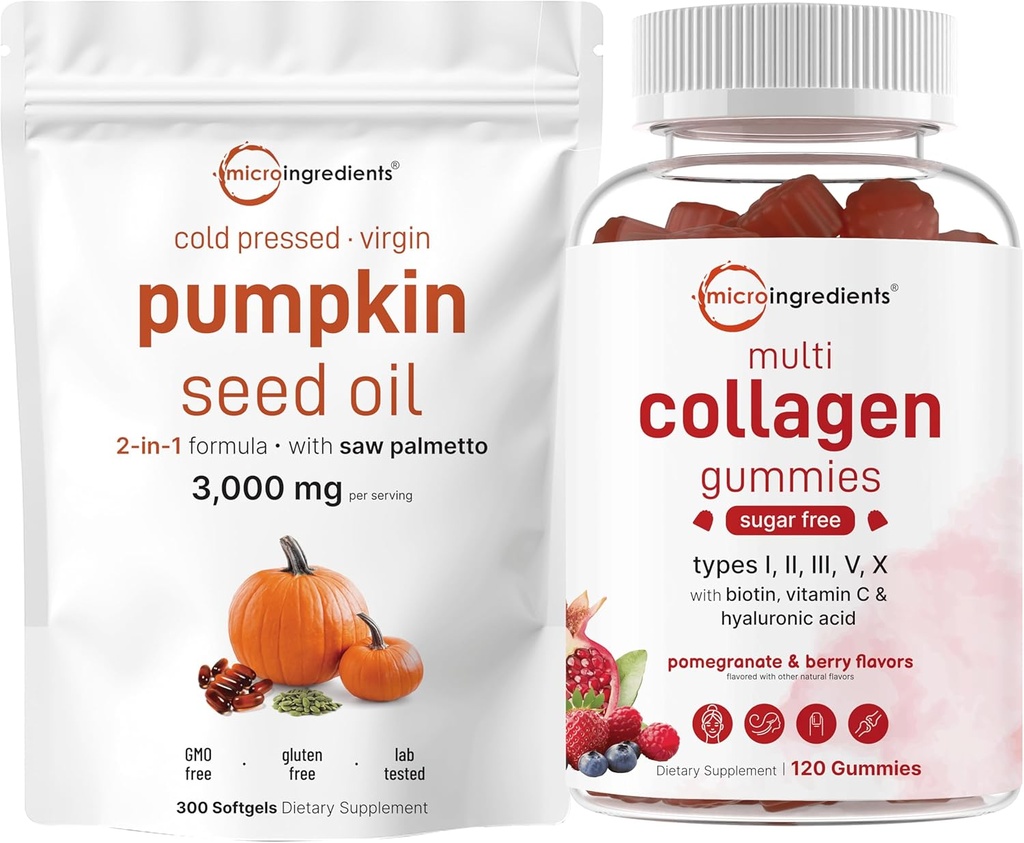 Micro Ingredients Pumpkin Seed Oil with Saw Palmetto 3,000mg Softgels & Multi Collagen Peptide Gummies | 2 Pack | Cold Pressed Virgin Oil | Sugar Free + Biotin, Hyaluronic Acid, & Vitamin C Complex