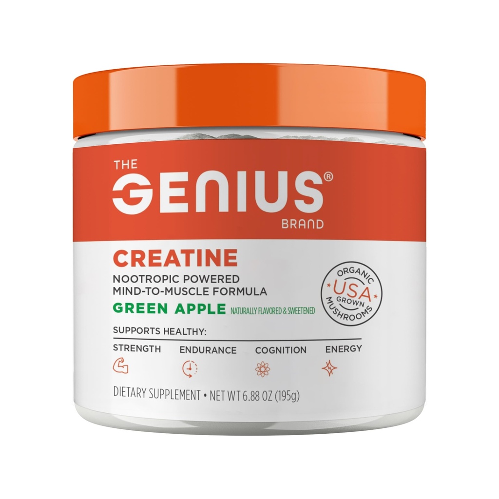 Genius Micronized Creatine Monohydraat Poeder, Post Workout Supplement, Groene Apple - 100% natuurlijk Gearomatiseerd en gezoet - Ondersteunt spieropbouw, Cellular Energy & Cognitive functie