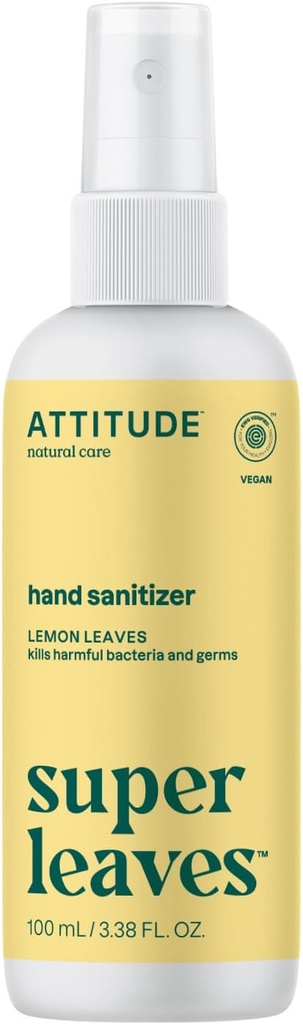 ATTITUDE Hand Sanitizer Spray, EWG Geverifieerd, doodt Germs & Bacteria, Vegan & Plant-Based, veilig voor volwassenen & kinderen, citroen bladeren geur, 3,38 Fl Oz (Spray Bottle)