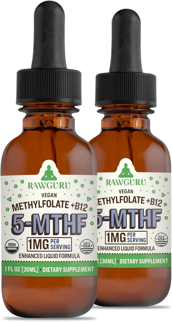 RawGuru Methylfolaat 1mg+ Vitamine B12 - Biologische Vegan Gemethyleerd B12 met sporenmineralen - Nano-Processed & Enhanced Liquid Formula - 300 porties Vegan Drops per 30 ml, Verpakking van 2