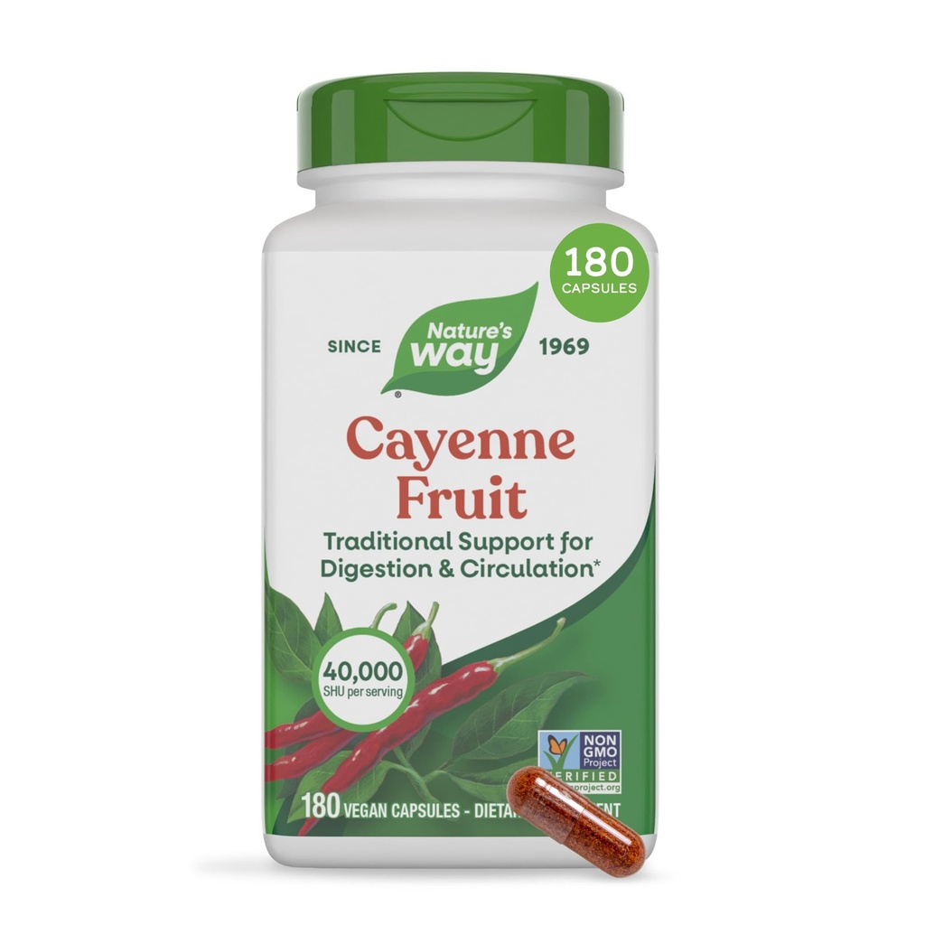 Nature's Way Cayenne Pepper Capsules, Traditional Digestie & Circulatie Support*, Capsaicine, Non-GMO Project Geverifieerd, Glutenvrij, 180 Vegan Capsules (Verpakking mei Vary)