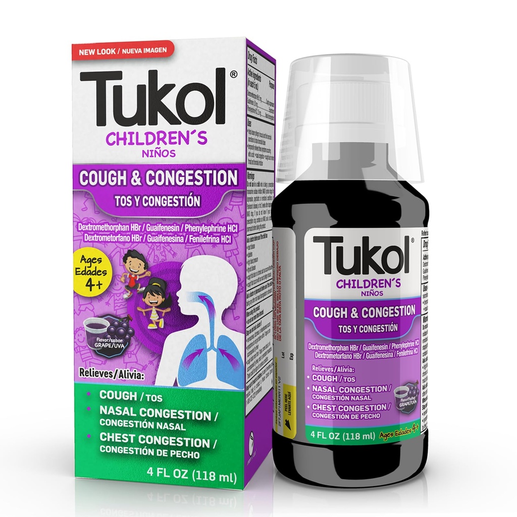 TUKOL Kinderen Hoest Geneeskunde - Hoest & Congestie Verlichting, Kas Hoest Suppressant voor kinderen, Kinderen Koud en Hoest Geneeskunde, Kinderen Hoest Siroop voor Leeftijd 4+ Grape Flavor 4 FL OZ
