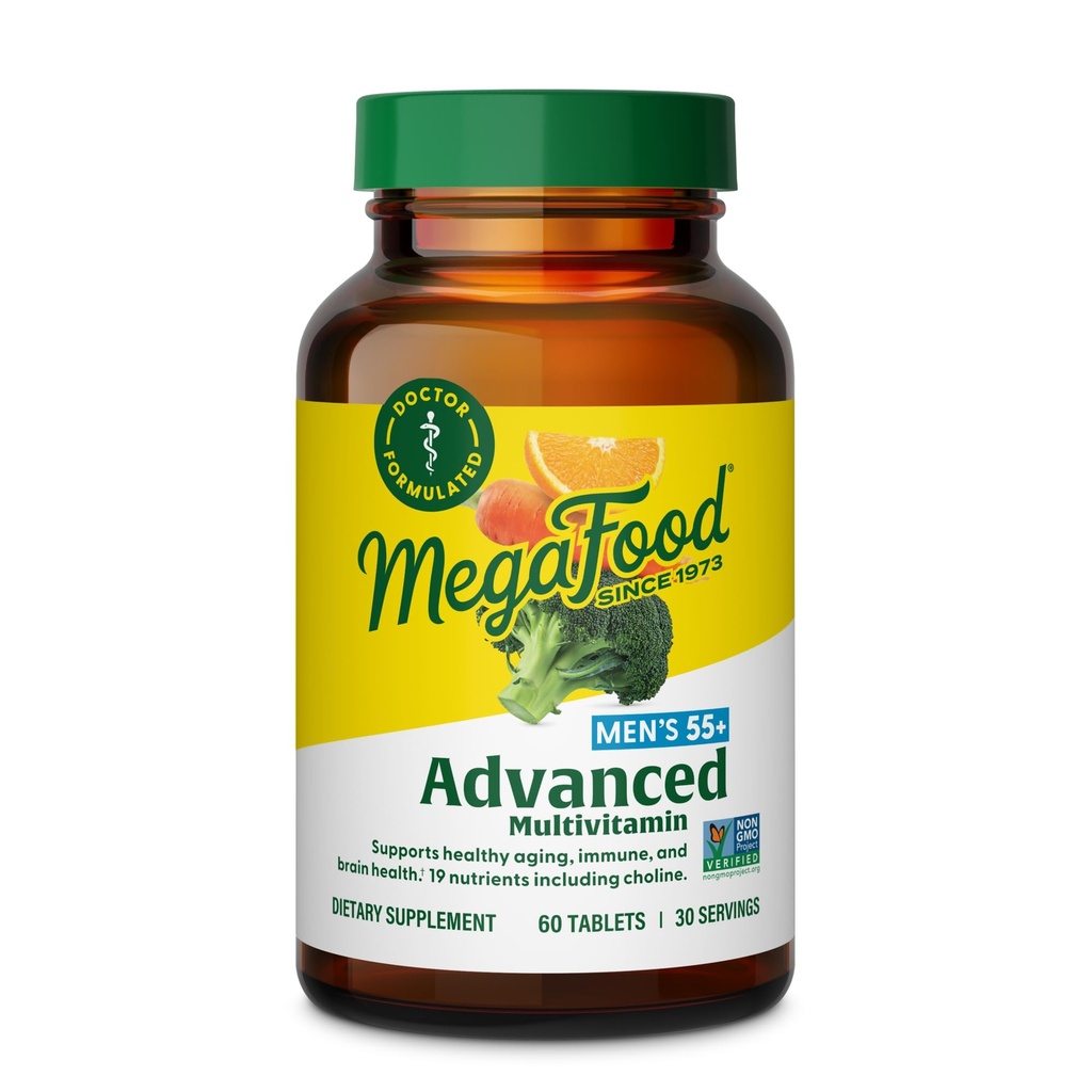 MegaFood Advanced Multivitamine voor mannen 55+, Heren Multivitaminen 50 Plus, Gemethyleerde B12, Methylfolaat, Choline, Vitamine D, Hersen & Spiergezondheid, Immuunondersteuning, Vegetarische - 60 tabletten (30 porties)