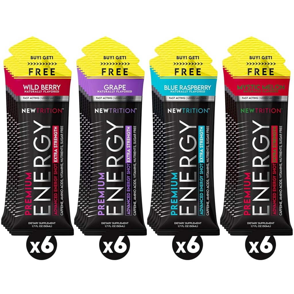 NewTrition® Extra Strength Energy Shots 1,7 fl oz (paquet de 24, 4 saveurs) - 250 mg de caféine avec des vitamines B et des acides aminés, sans sucre Zero Calorie Vitamine Energy Drink for Focus & Endurance (Mixed-1)