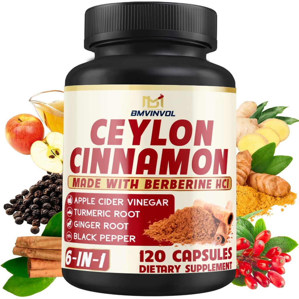 Ceylon Cinnamon Capsules met Berberine HCl, Apple Cider Vinegar, Turmeric, Ginseng, Black Pepper - 6in1 voor ondersteuning Immuunfunctie - 120 Tel.