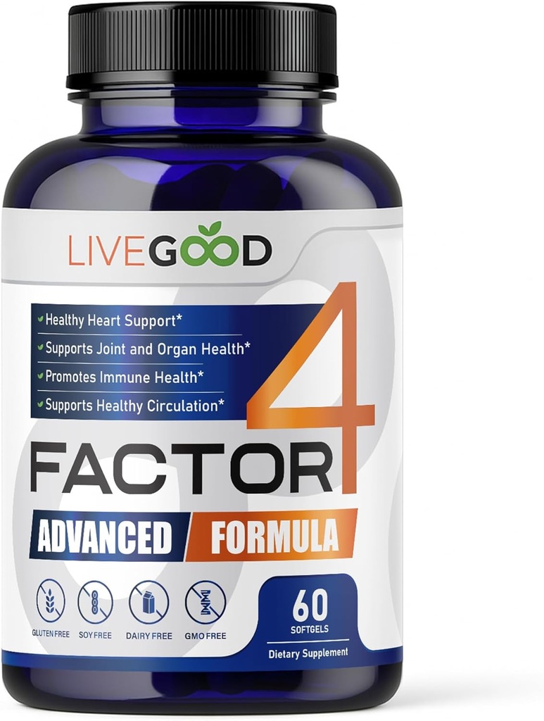 LIVEGOODTM Factor 4, Omega 3 Huile de poisson avec EPA & DHA, CoQ10 et Turmeric, Suppléments avancés Q10 Coenzyme & CoQ10, Suppléments DHA pour support cardiaque, joint et immunitaire, Fabriqué aux États-Unis, 60 Compte,