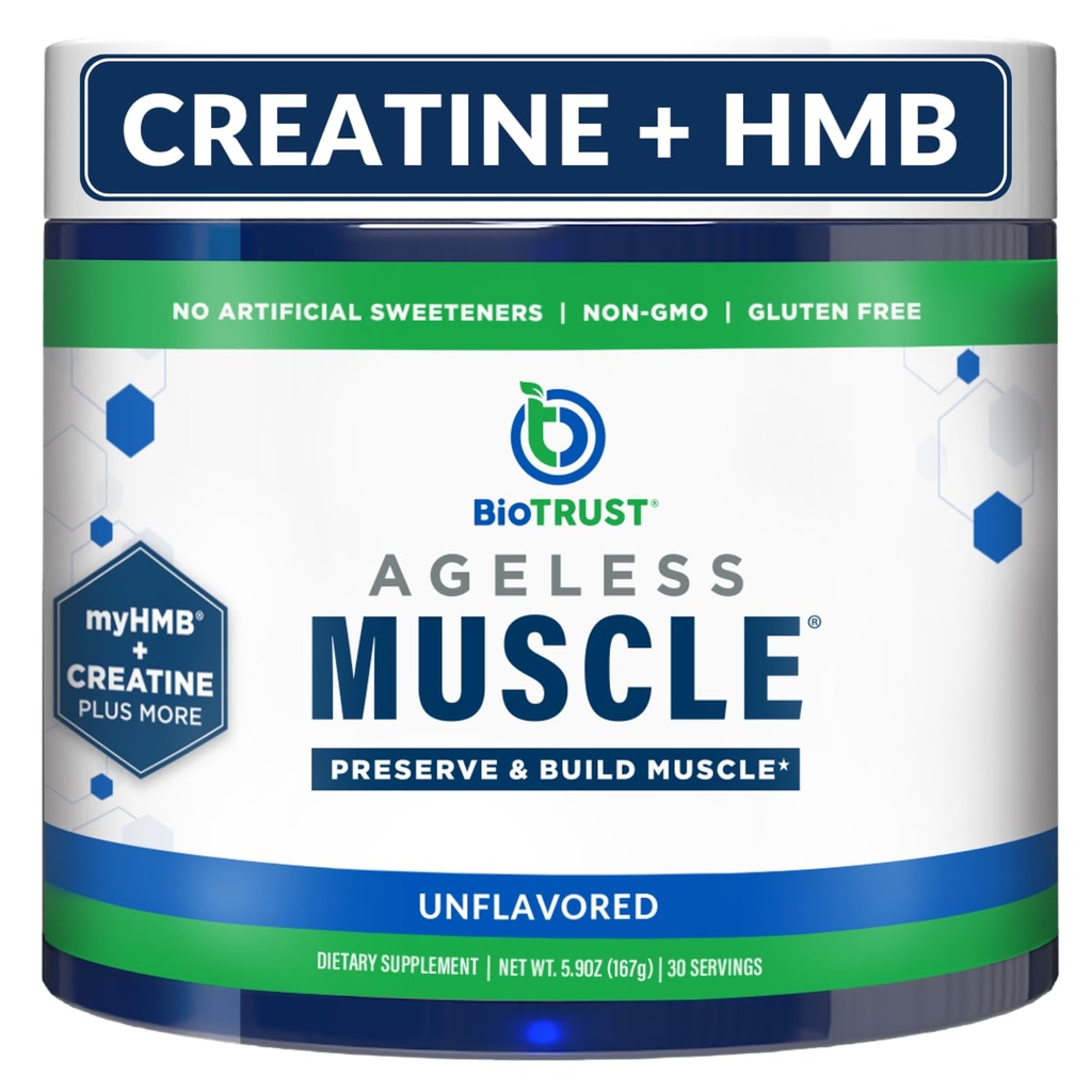 BioTrust Ageless Muscle Builder - Creatine HMB Powder with Vitamine D3 & Betaine - Build & Conserve Naturally Declining Muscle Mass & Strength - Unflavored, 30 Servings