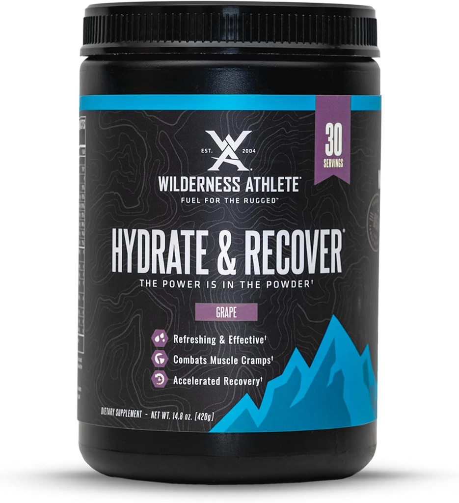 Wilderness Atlete - Hydrate & Recover ..Vloeistof Hydration Powder Electrolyte Drink Mix - Recover Sneller met Bcaas - Hydrate Powder met 1000 mg vitamine C - 30 Serving Tub (Grape)