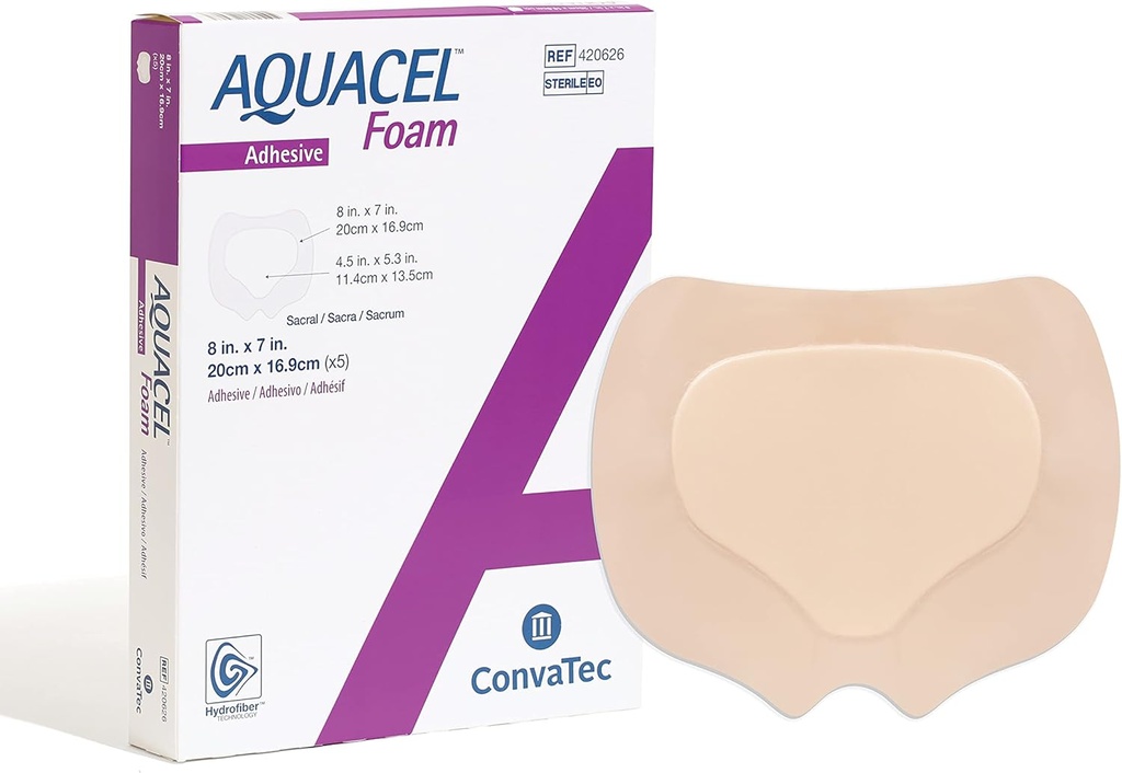 ConvaTec Mousse AQUACEL 8"x7" Robe Sacrale avec Gel Silicone Adhésif, Imperméable, Flexible, Qualité Médicale avec Technologie Hydrofibre, Stérile, Rectangle, Boîte 5ct
