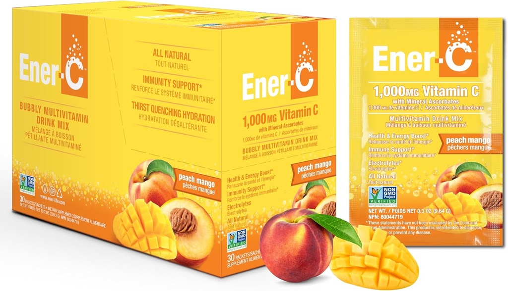 Ener-C Peach Mango Multivitamine Drink Mix Poeder Vitamine C 1000mg & Elektrolyten met echt fruitsap Natuurlijke energie & Immune Ondersteuning voor vrouwen & mannen - niet-GMO Veganistisch & Glutenvrij - 30 Tel.
