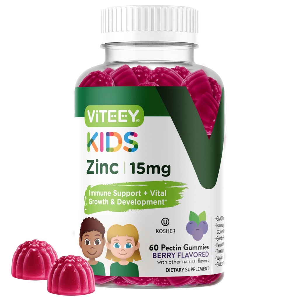 Viteey Zinc pour les enfants Gummies, 15mg - Immune Support - puissant antioxydant naturel, supplément de vitamine Zinc pour enfants - végétalien, sans gélatine, sans gluten - goût de baies à croquer
