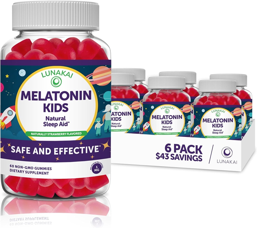 Lunakai Kids Melatonine Gummies 1mg - Smaakvolste Vrije Formule - Non-GMO, Veganist, Gluten Gratis Kauwbare Lage Dosis Supplement voor kinderen - Natuurlijke Slaap Gummy voor kinderen 2 jaar oud + - (6 Pack)
