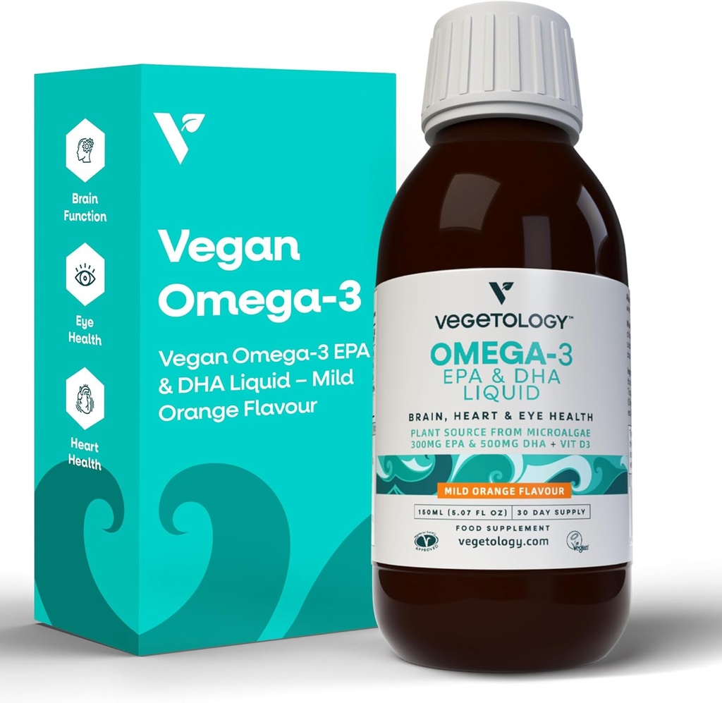 Vegan Omega 3 Liquid, van Microalgen, 800mg van EPA DHA, met vitamine D3, Ondersteunt hart, hersenen en gezondheid van het oog, natuurlijke visolie Alternatief, Verenigd Koninkrijk Made, Mild Orange Flavoured
