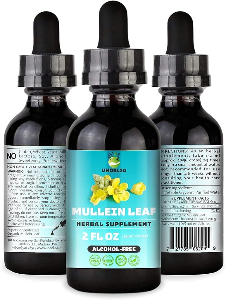 Undelio's Herbal Mullein Leaf Extract - Organic & Alcohol-Free Tinctture for Respiratory, Lung, Sleep & Digestive Support - Non-GMO, Vegan - 2 fl. Oz for Immune Health & Lung Detox