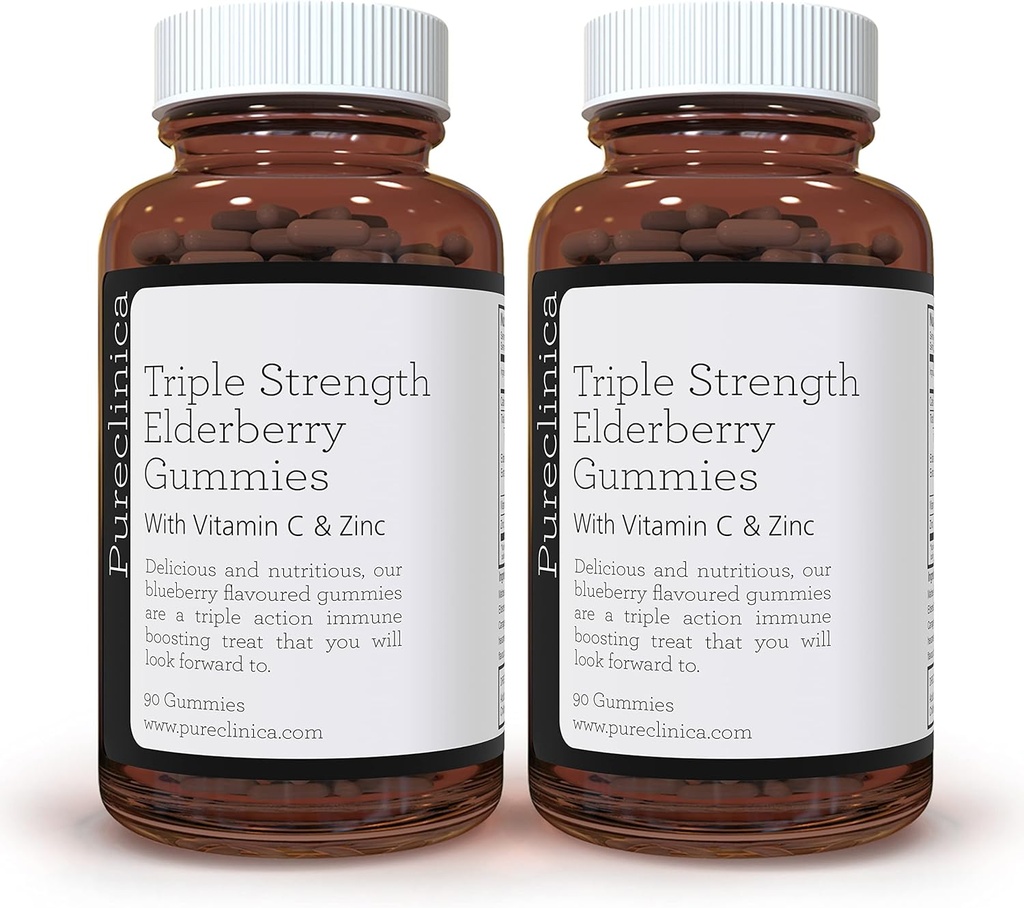pureclinica Triple Strength Immune Support - Vlierbessen Gummies met vitamine C & Zink x 180 Gummies (2 flessen van 90) tot 6 maanden Supply!