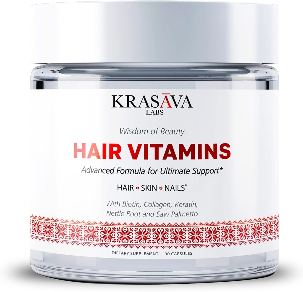 Haargroei Vitaminen met Biotine, Collageen, Keratine, Nettle Root en Saw Palmetto ondersteunt gezond haar, stimuleert haarfollikels, en voorkomt haarverlies & Thinning. Made in USA - 90 Tellen