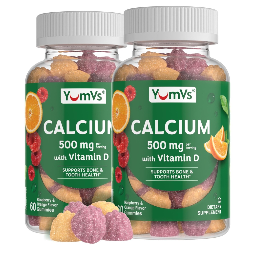 YumVs Calcium 500mg avec Vitamine D3 - Framboise et orange Flavor Calcium Vitamine D Gummies, supplément calcium à croquer pour les enfants et les adultes, Vitamine D Gummies Calcium (60 Nombre (paquet de 2))