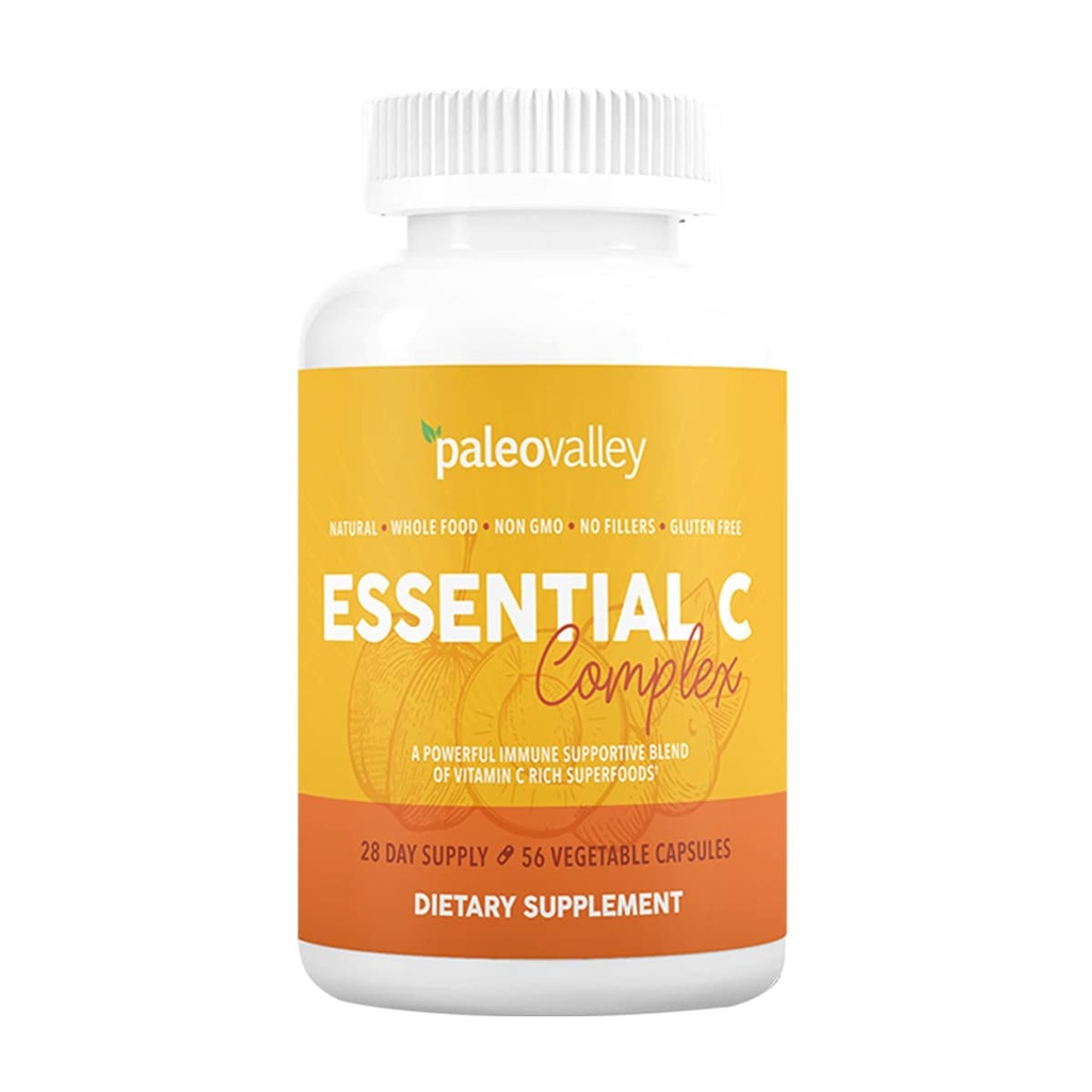 Paleovalley Essential C Complex - Vitamine C Supplement voor Immune Support - 1 Pack, 450mg - Biologische Superfoods Unripe Acerola Cherry, Camu Camu, Amla Berry - Geen synthetisch ascorbinezuur - USA Made