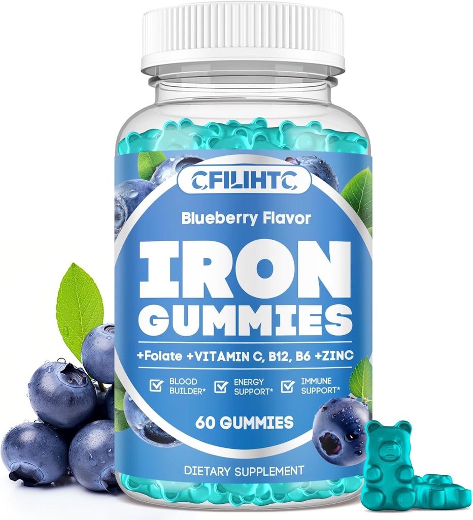 Iron Gummies for Women & Men - Iron Supplement with Vitamin B6, B12, C, Zink, Folate for Adults & Kids - Support Iron Deficency, Anemia, Energy Boost, Blood Builder - Sugar Free Vegan 60ct Blueberry