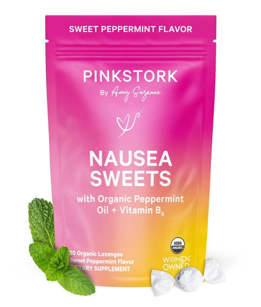 Roze Ooievaars Biologische Pepermunt Snoep voor Morgen Ziekte en Beweging Ziekte Ondersteuning, Toegevoegd Vitamine B6, 1e Trimester Zwangerschap Moeten - 30 Wrapped Pepermunt Candies