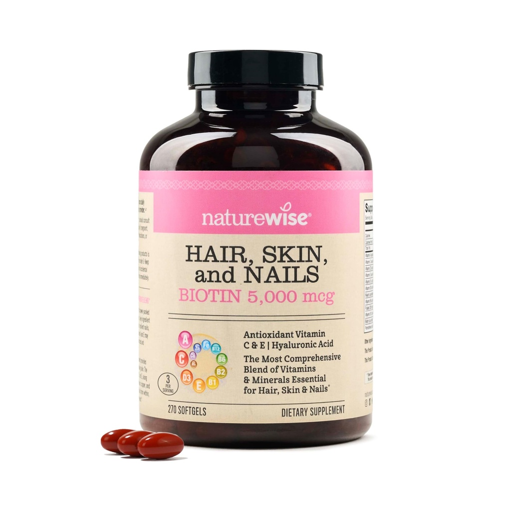 NatureWise Hair Skin and Nails Vitamin, Biotin 5000mcg w/Hyaluronzuur, Collageen for Women with C, B Complex, D3, A, E, Iron - Non-GMO, Gluten Free - 270 Softgels[3-maand voorraad]