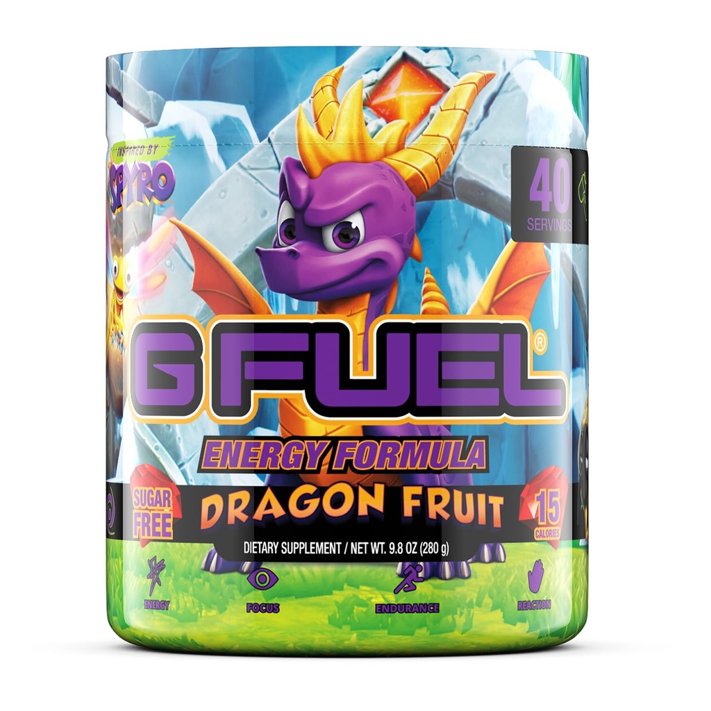 G Fuel Spyro De Dragon Energy Drink Powder, Pre Workout Cafeïne Mix voor Gaming, Suikervrije Focus Amino, Vitamine + Antioxidanten, 9.8oz (Dragon Fruit, 40 Servings)
