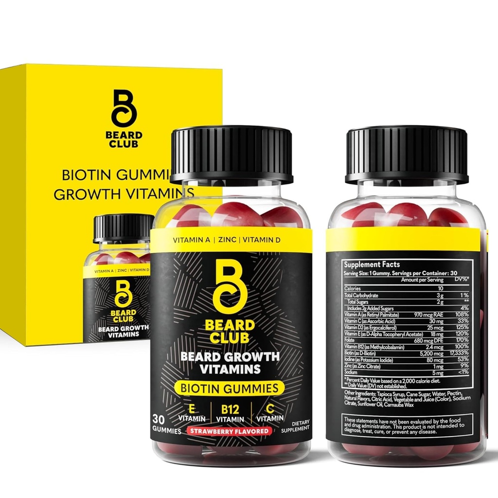 The Baard Club Biotin Baard Groei Vitamine Gummies - Hair Supplement voor mannen - Vitaminen B12, E, & C ter ondersteuning van een dikker Fuller Looking Facial Hair - Aardbei Gummy