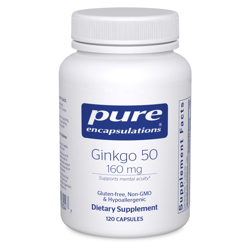 Encapsulations pures Ginkgo 50 160 mg de Ginkgo Biloba Supplément pour soutenir l'oxygène, la circulation sanguine et les problèmes de mémoire légère associés au vieillissement*