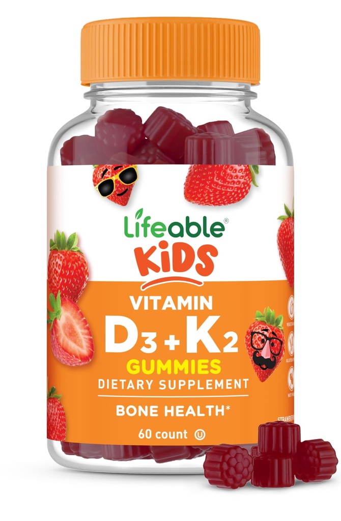 Enfants vivants Vitamine D3 K2 Gummées $ 1000iu D3 et K2 100mcg $ Great Tasting D3 et K2 Suppléments $ pour la santé osseuse et l'immunité $ VIT D3 K2 pour les enfants $ 60 Gummées