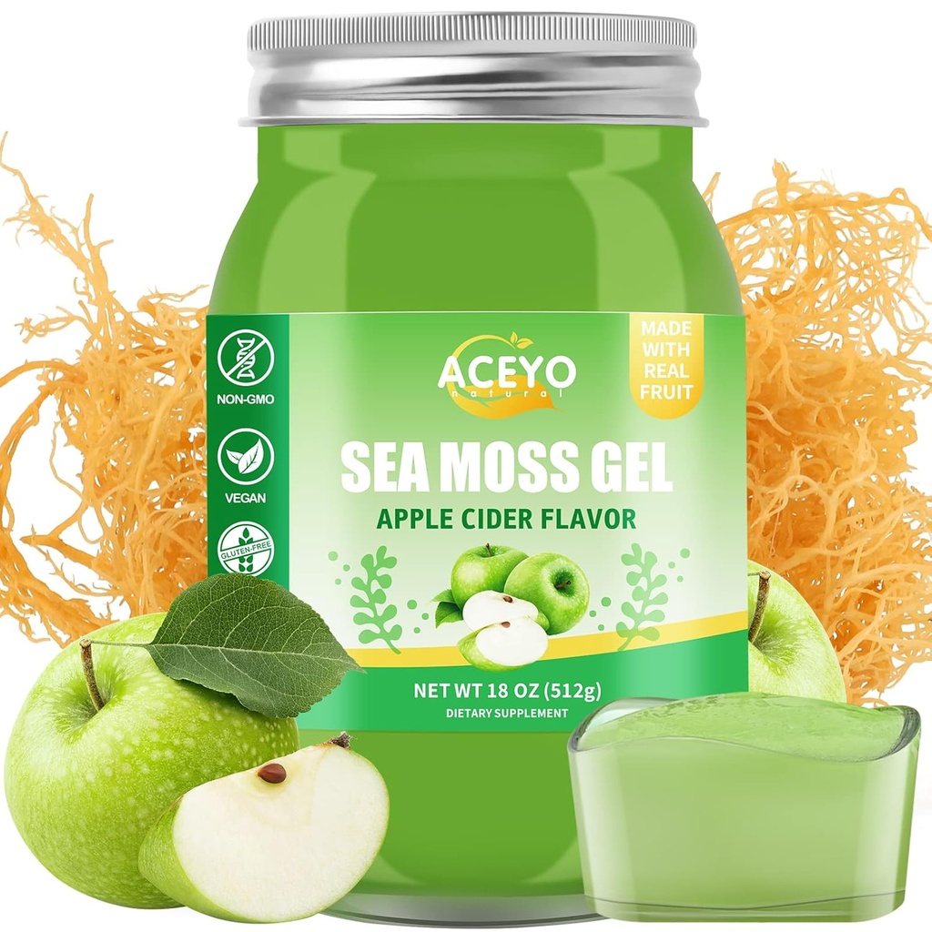 (18 OZ) Irish Sea Moss Gel Biologische Raw Vegan Apple Smaak 102 Vitaminen en Mineralen Wild Geoogste Non-GMO Immune Defense Booster Thyroid Digestieve Ondersteuning