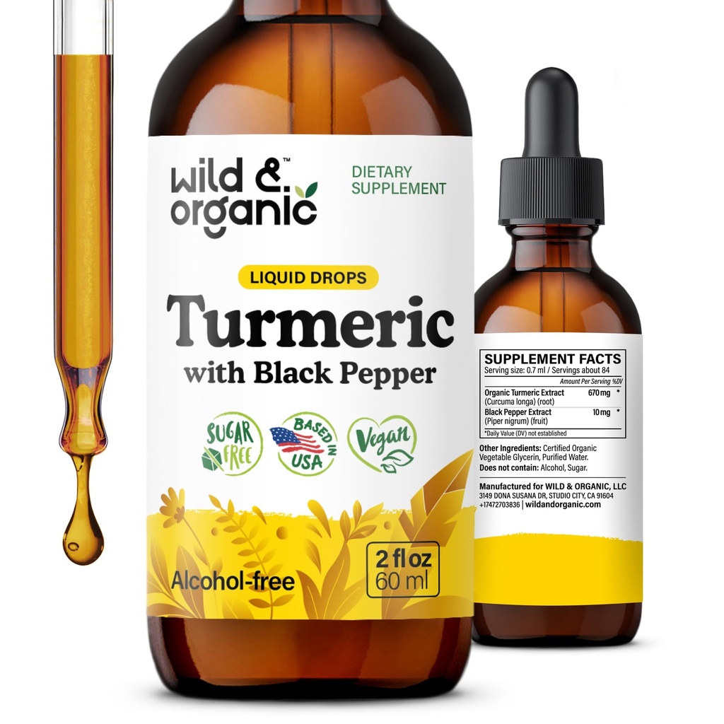 Wild & Organic Turmeric Supplement Liquid - Joint Support - Turmeric Curcumin with Black Pepper Extract - Curcumin Root Drops - Vegan, Sugar & Alcohol-Free Tinctuur - 2 fl oz