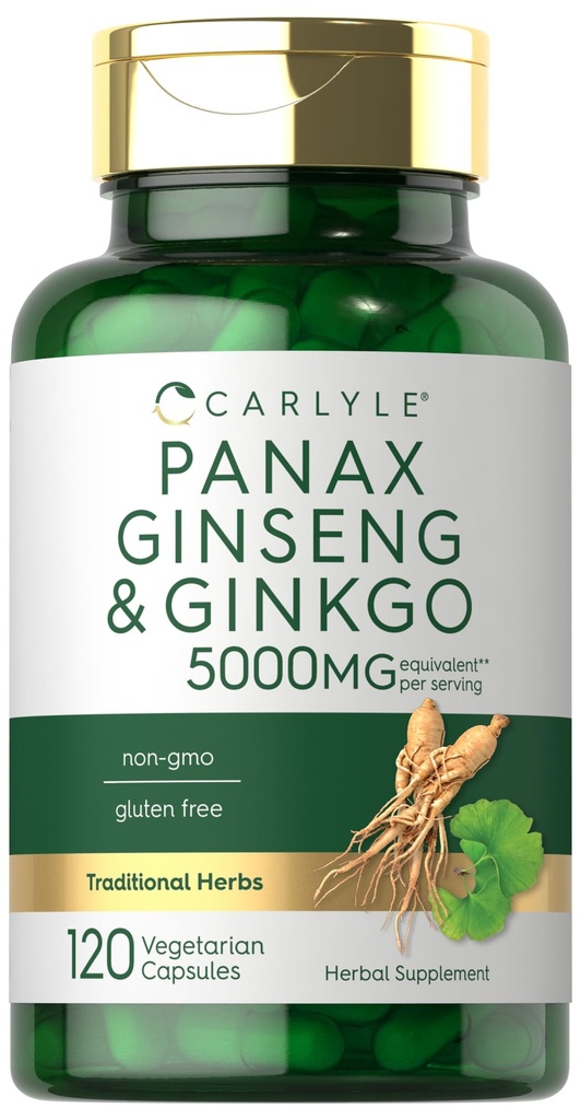 Carlyle Panax Ginseng & Ginkgo 5000mg 120 Vegetarische Capsules Niet-GMO en Glutenvrij Supplement