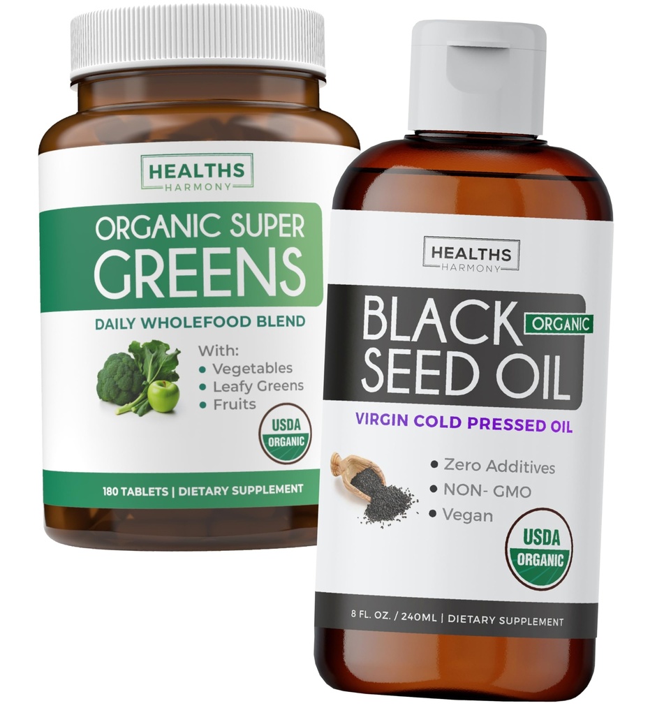 Super Greens & Black Seed Oil (3-maandvoorraad) Kruidenolie Blend Bundle van biologische Super Greends Poeder - Complete Superfood (180 Capsules) & Biologische Zwarte Zaadolie Vloeistof - Koud geperst (8 fl oz)
