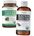 Super Greens & Black Seed Oil (3-Month Supply) Herbal Oil Blend Bundle of Organic Super Greends Powder - Complete Superfood (180 Capsules) & Organic Black Seed Oil Liquid - Cold pressed (8 fl oz)